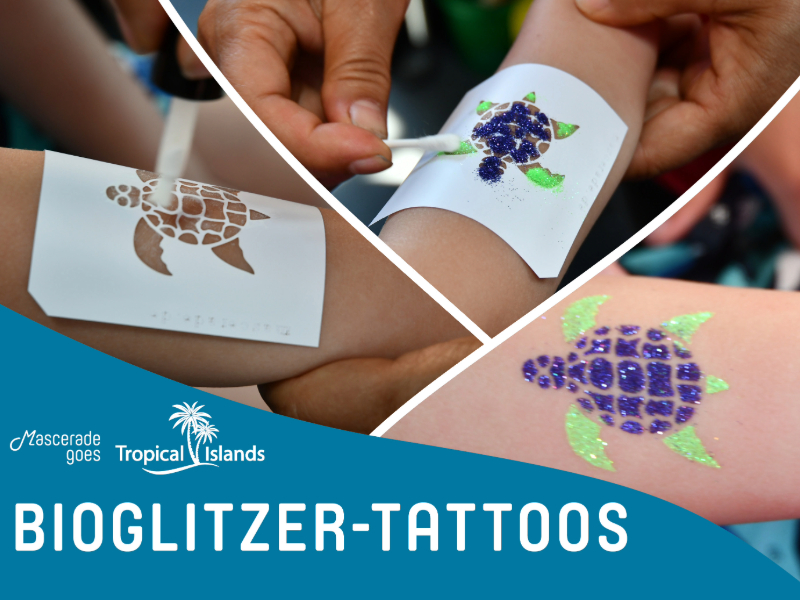 Airbrush Tattoo - store at Tropical Islands: Mascerade now offers glitter tattoos using eco-friendly organic glitter and skin-safe, waterproof adhesive. These tattoos can last up to 2 weeks, depending on factors like water exposure, sweat, and friction.